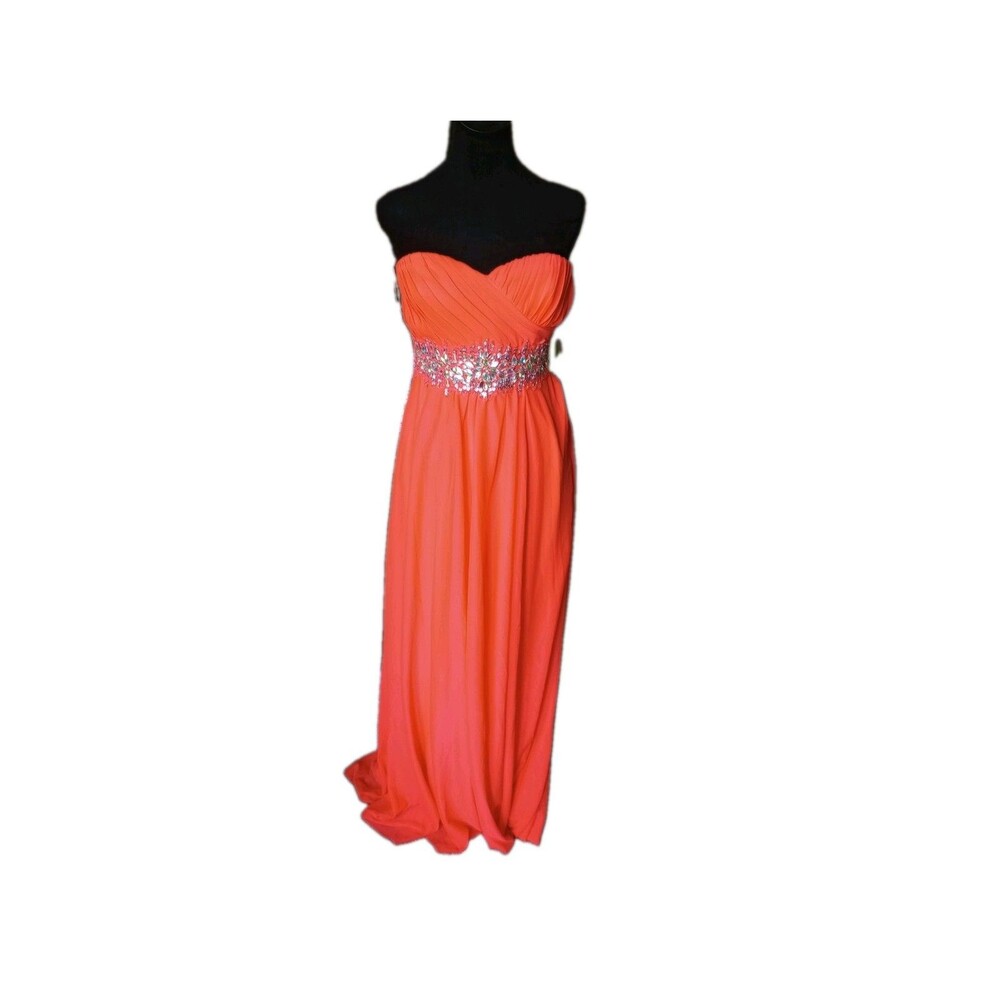 My Michelle Juniors 7 Y2K Neon Orange Strapless Rhinestone Waist Maxi Dress, Vtg